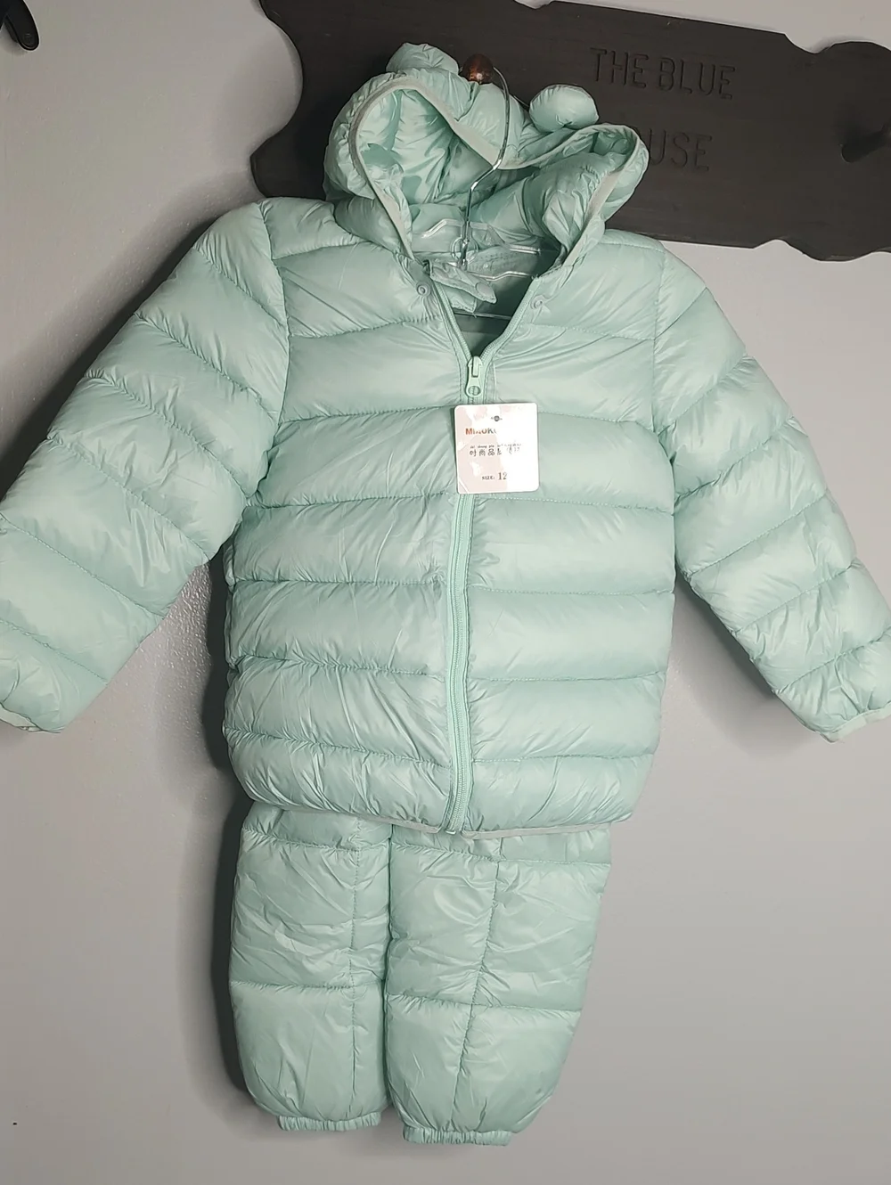 Light Aqua Puffer Jacket and Pants Set with Hooded Bear Ears Size 5-6 New